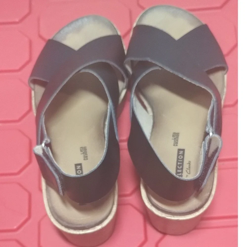 Clarks Collection Brown Faux Leather Cork Wedge Slingback Sandals Womens 6.5 M